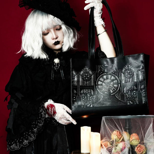 Black Clock Tower Printed Gothic Handbag