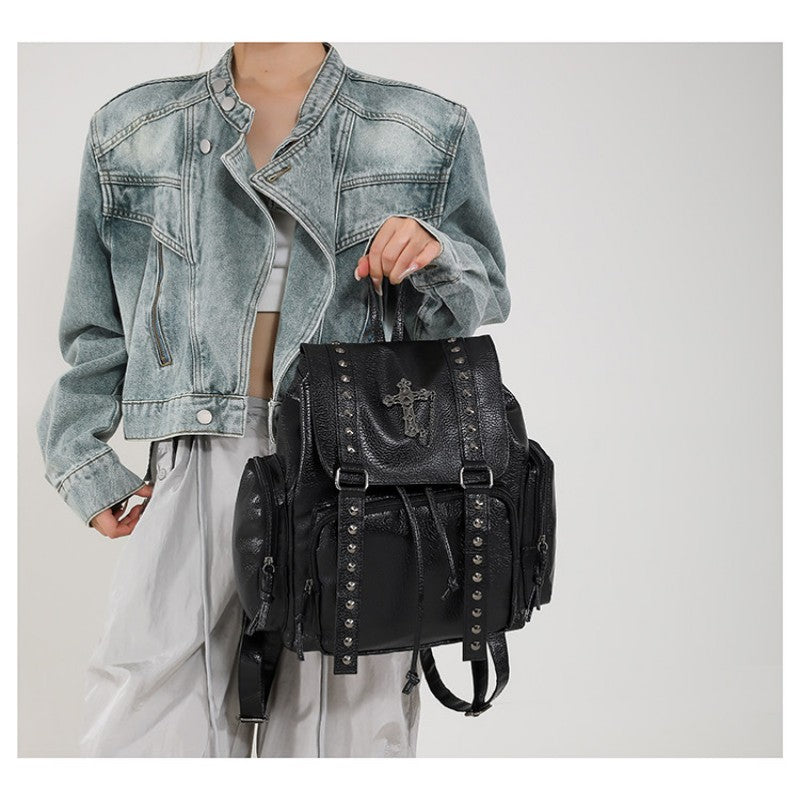 Punk Motorcycle Style Gothic Backpack New Retro Niche High-End Cross Stud Commuter Bag