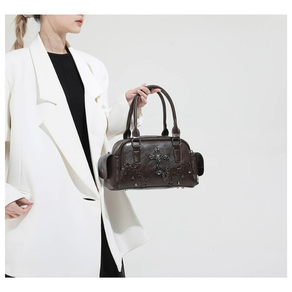 Gothic style cross Boston bag single shoulder斜挎 handbag rivet pillow bag bowling bag