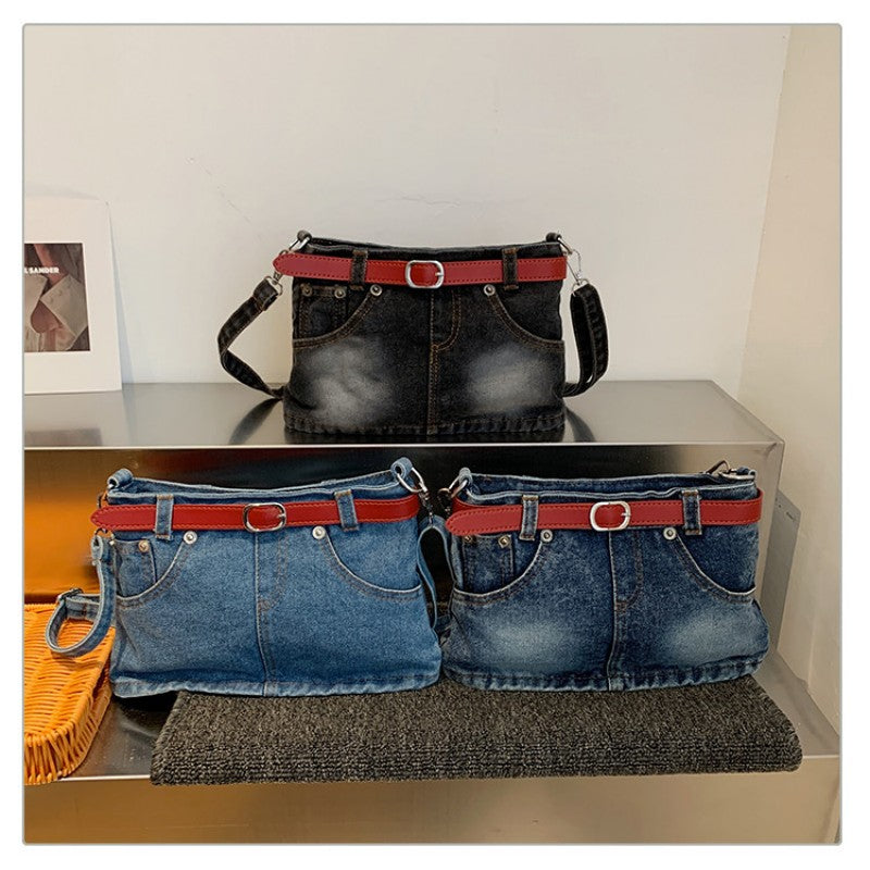 retro denim single-shoulder crossbody bag women's belt decoration creative bag denim skirt bag