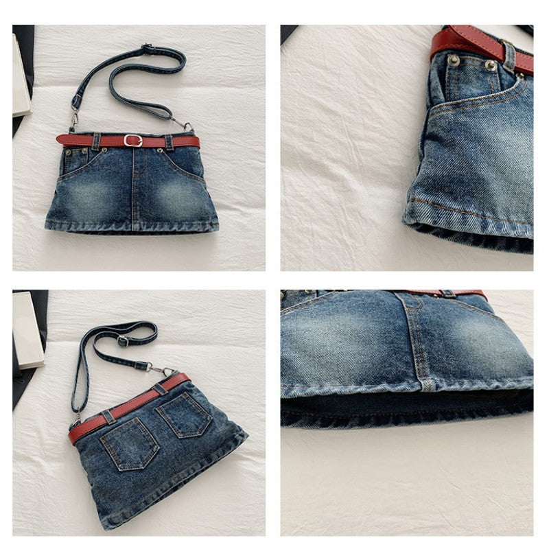 retro denim single-shoulder crossbody bag women's belt decoration creative bag denim skirt bag