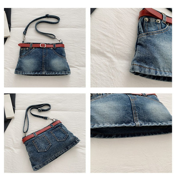 retro denim single-shoulder crossbody bag women's belt decoration creative bag denim skirt bag