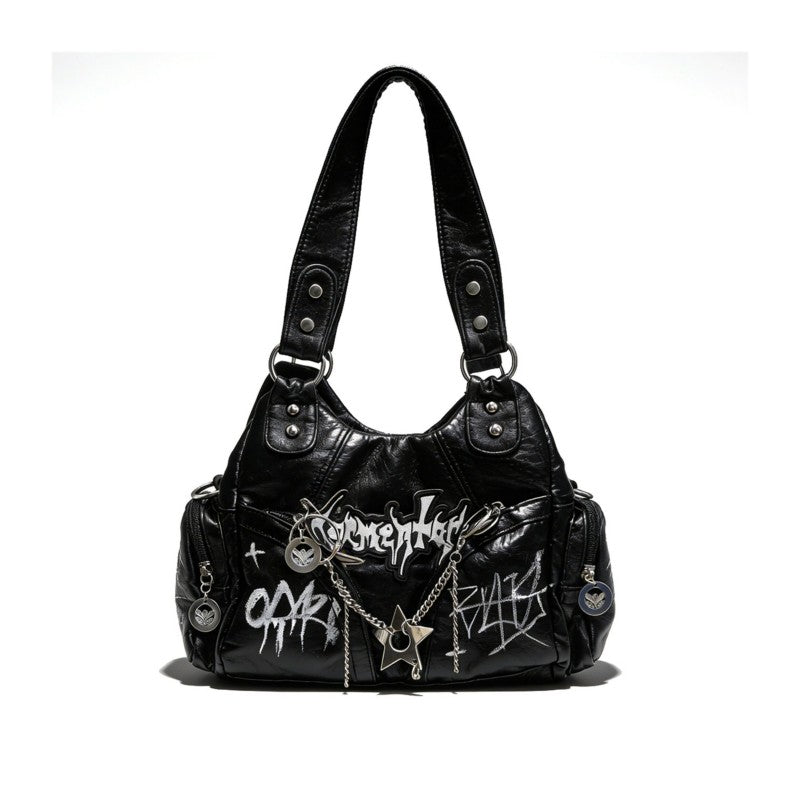 Punk style motorcycle bag women chain dark graffiti sweet and cool tote bag niche Y2K shoulder armpit and crossbody bag