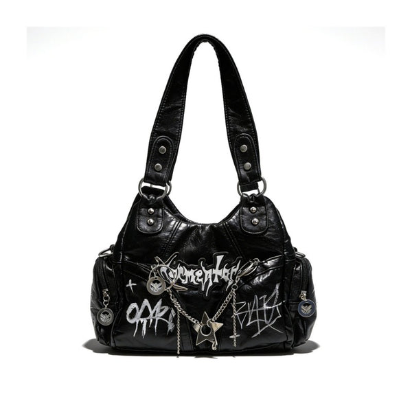 Punk style motorcycle bag women chain dark graffiti sweet and cool tote bag niche Y2K shoulder armpit and crossbody bag