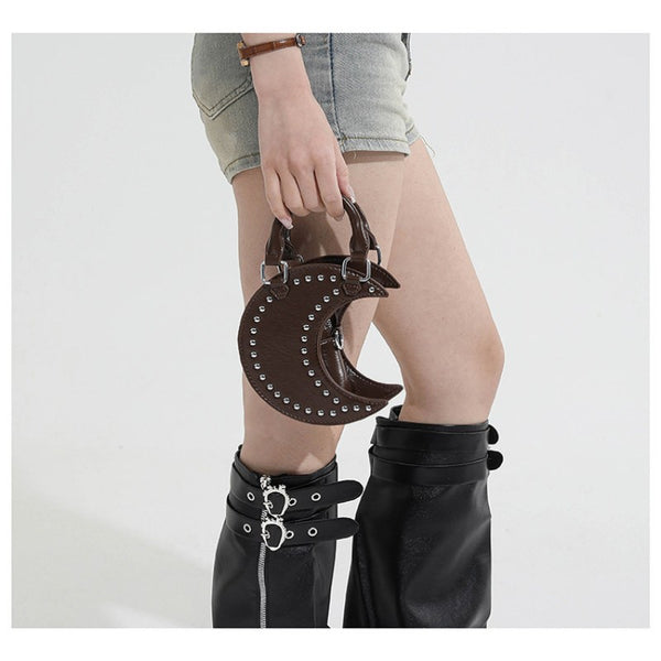 European and American punk style studded moon bag for women, niche design, fashionable chain single-shoulder cute saddle bag