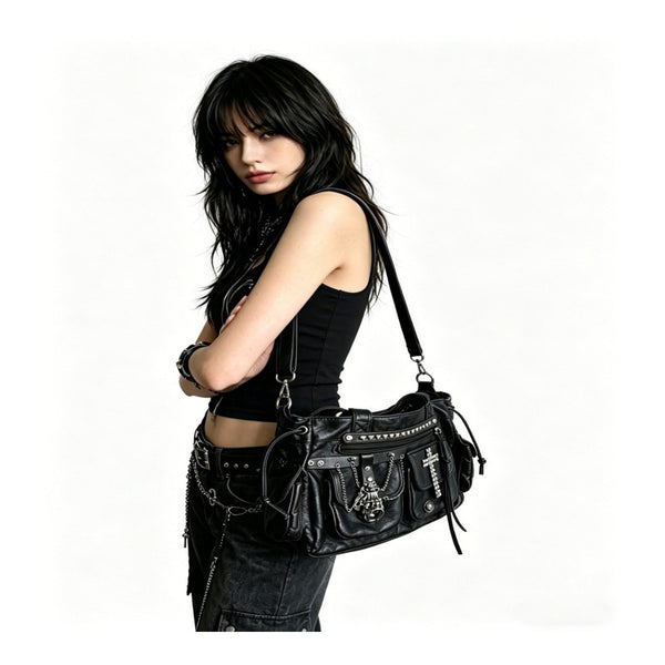 Cross-tote bag with black rivets, motorcycle bag, goth chic street commuter single shoulder double shoulder bag