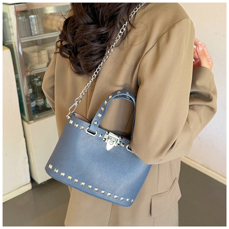 rivet-decorated handbag with female lock clasp chain crossbody bag commuting bag tote bag single-shoulder women's bag