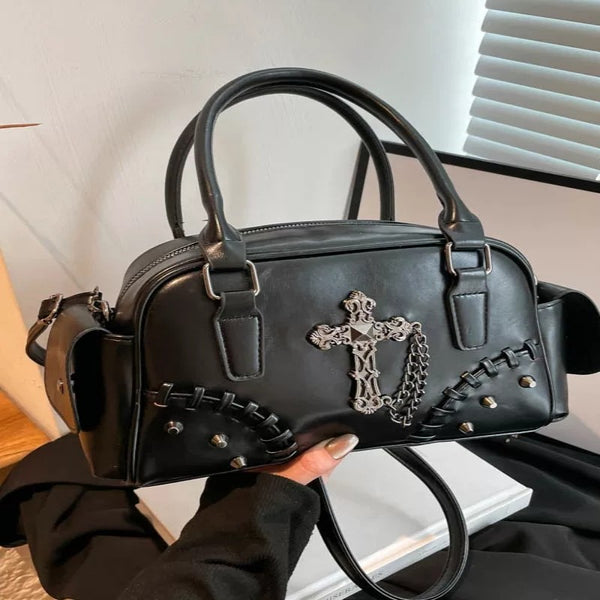 Gothic style cross Boston bag single shoulder斜挎 handbag rivet pillow bag bowling bag
