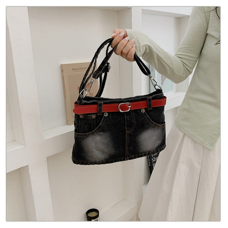 retro denim single-shoulder crossbody bag women's belt decoration creative bag denim skirt bag