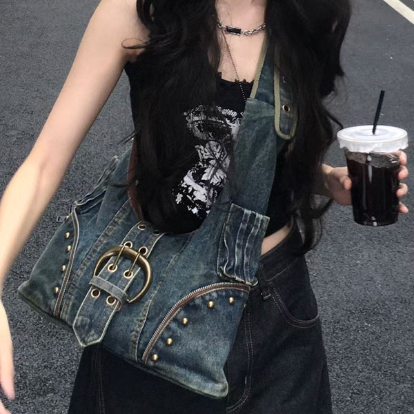 Washed denim single shoulder crossbody bag