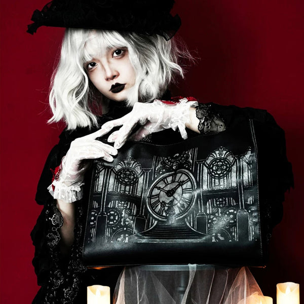 Black Clock Tower Printed Gothic Handbag