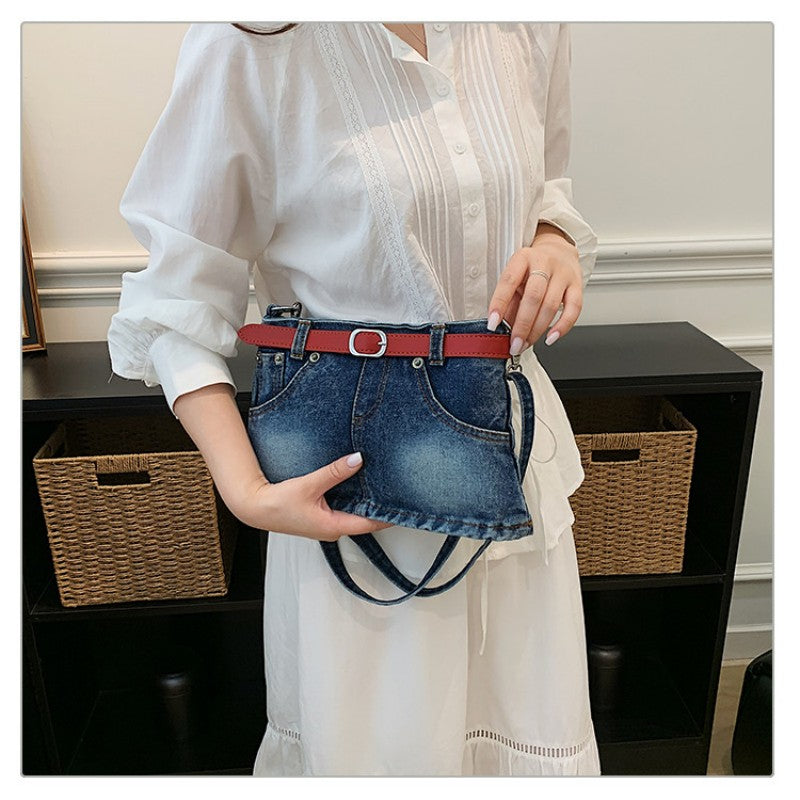 retro denim single-shoulder crossbody bag women's belt decoration creative bag denim skirt bag