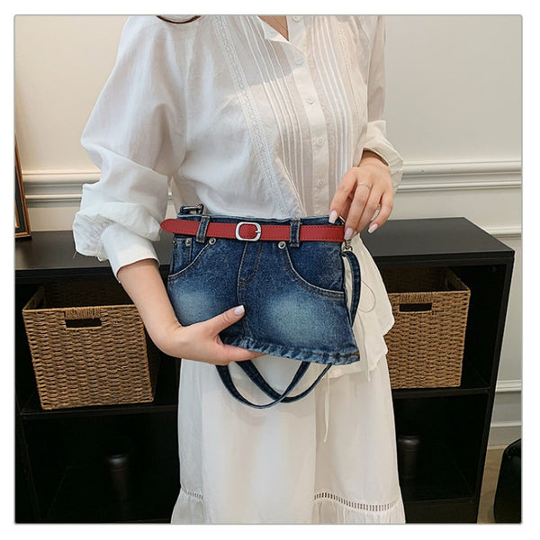 retro denim single-shoulder crossbody bag women's belt decoration creative bag denim skirt bag