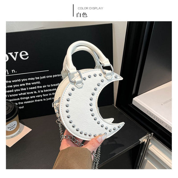 European and American punk style studded moon bag for women, niche design, fashionable chain single-shoulder cute saddle bag