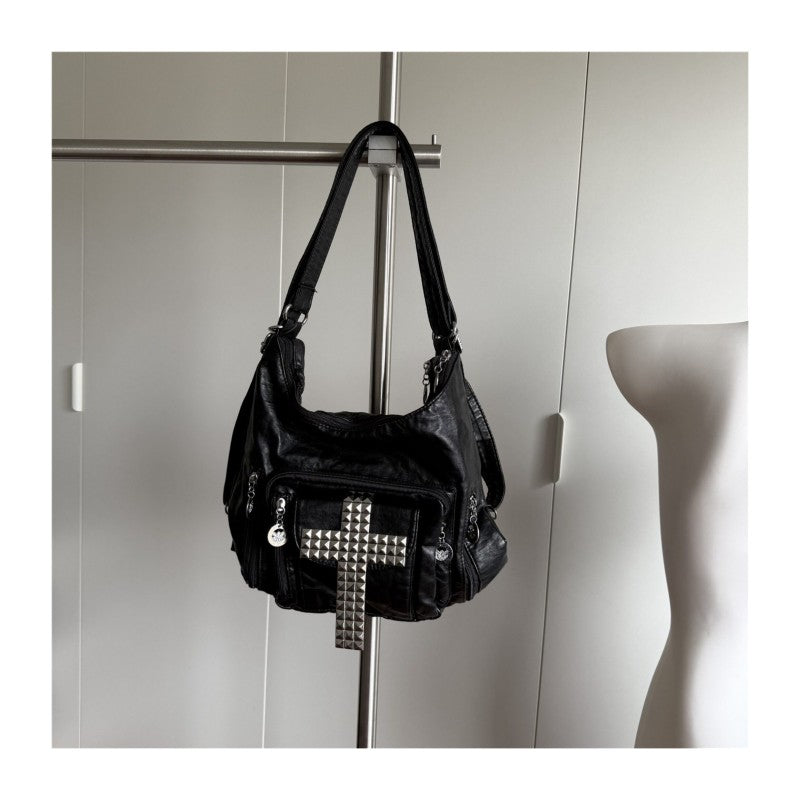 Cross tote bag, black rivet motorcycle bag, spicy girl street commuting single shoulder backpack
