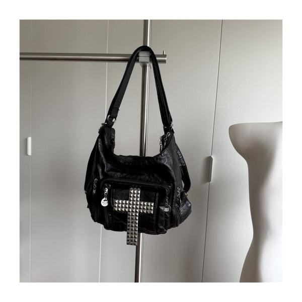 Cross tote bag, black rivet motorcycle bag, spicy girl street commuting single shoulder backpack