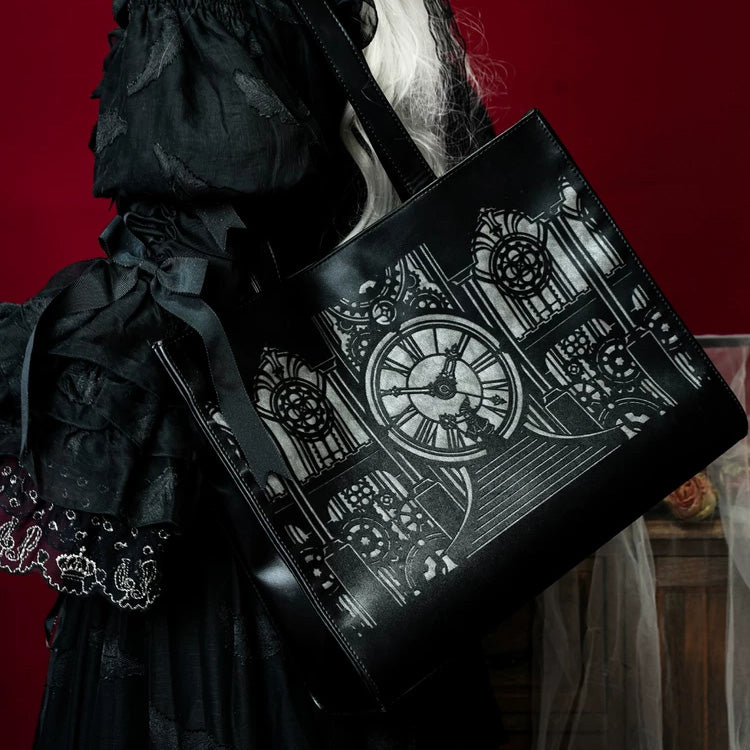 Black Clock Tower Printed Gothic Handbag