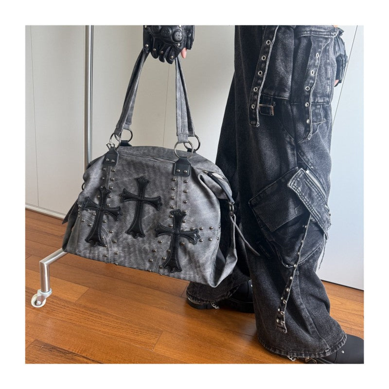 Women's large capacity tote bag with cross studs subculture shoulder bag for school and commuting crossbody bag