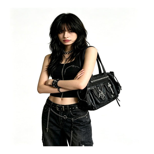 Cross-tote bag with black rivets, motorcycle bag, goth chic street commuter single shoulder double shoulder bag