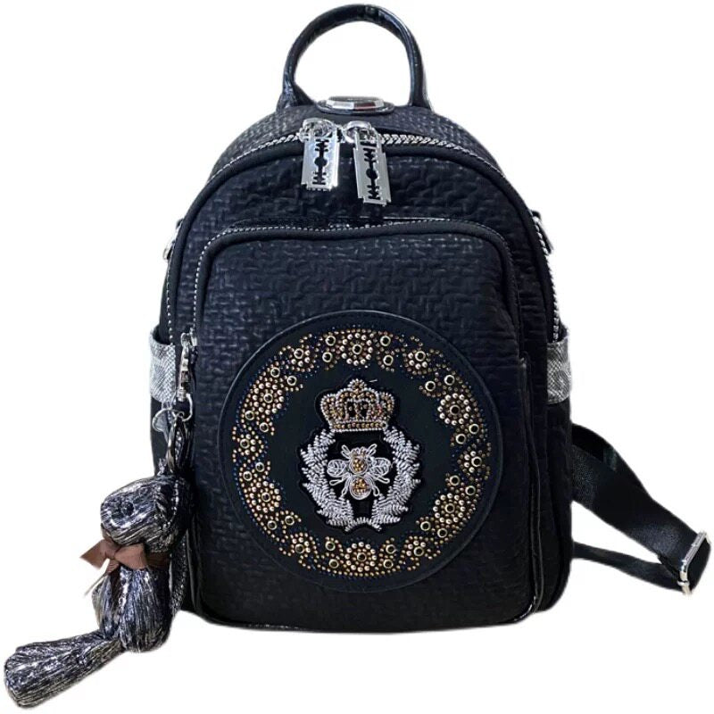 Korean-Style Crystal-Studded Women's Backpack – Premium Cowhide Leather Travel Bag, Large Capacity Versatile Casual Daypack