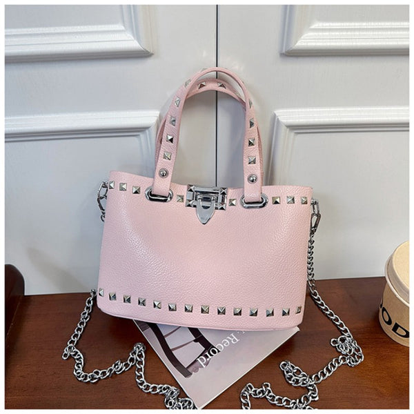 rivet-decorated handbag with female lock clasp chain crossbody bag commuting bag tote bag single-shoulder women's bag