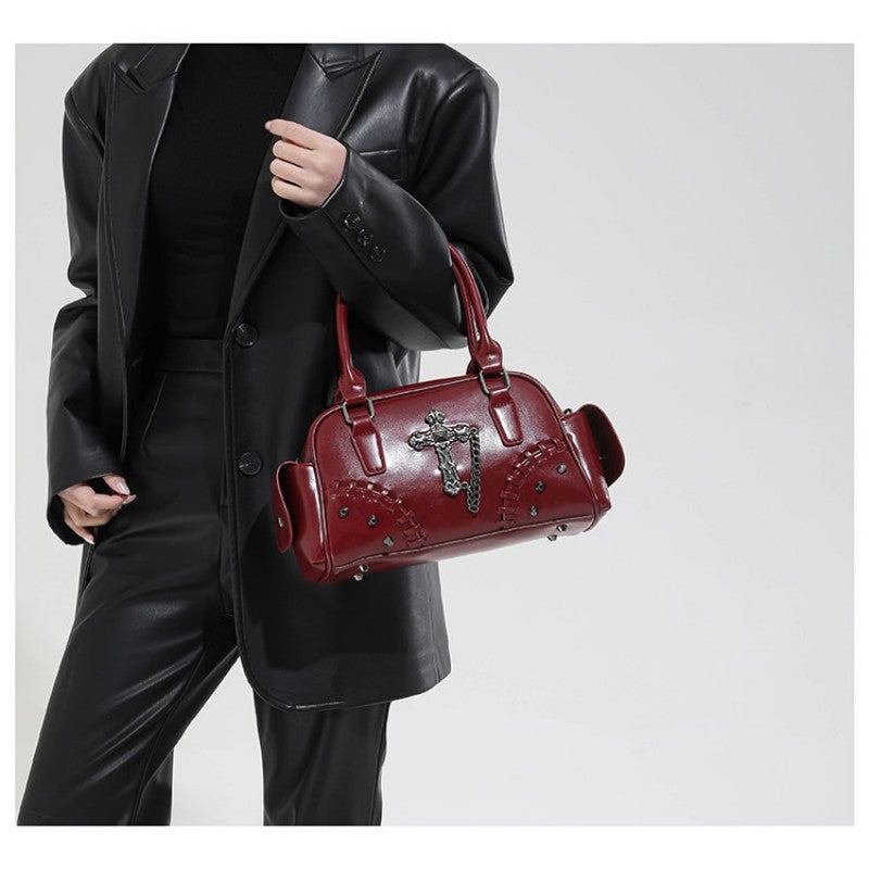 Gothic style cross Boston bag single shoulder斜挎 handbag rivet pillow bag bowling bag