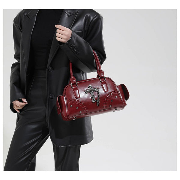 Gothic style cross Boston bag single shoulder斜挎 handbag rivet pillow bag bowling bag