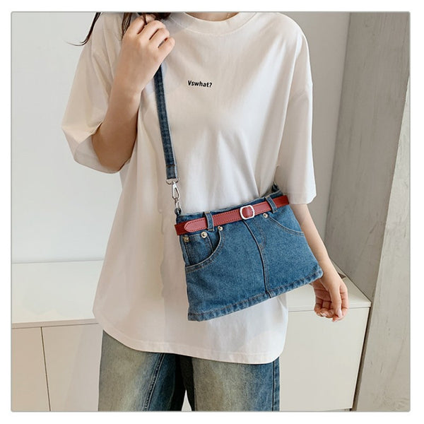 retro denim single-shoulder crossbody bag women's belt decoration creative bag denim skirt bag
