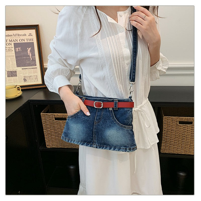 retro denim single-shoulder crossbody bag women's belt decoration creative bag denim skirt bag