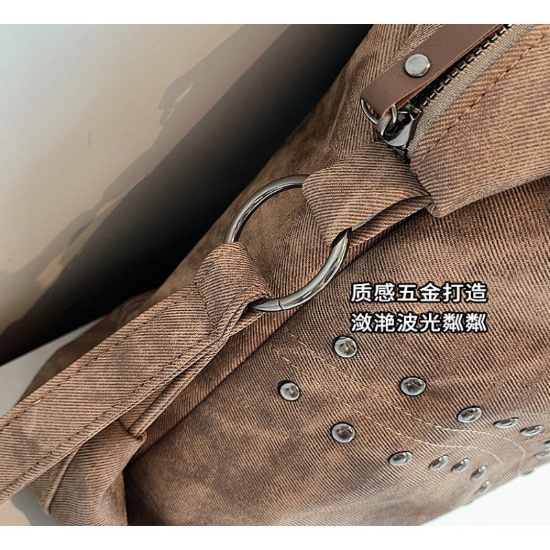 Vintage Punk Style Rivet Single-Shoulder Bag for Women Fashionable Commuter Bag Single-Shoulder Bag