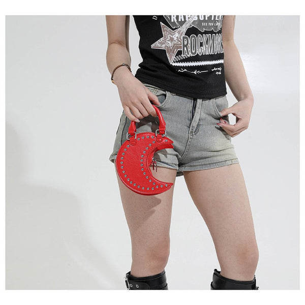 European and American punk style studded moon bag for women, niche design, fashionable chain single-shoulder cute saddle bag