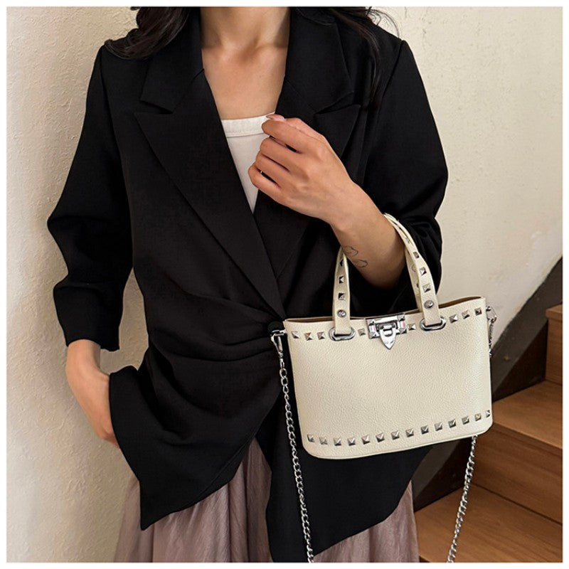 rivet-decorated handbag with female lock clasp chain crossbody bag commuting bag tote bag single-shoulder women's bag