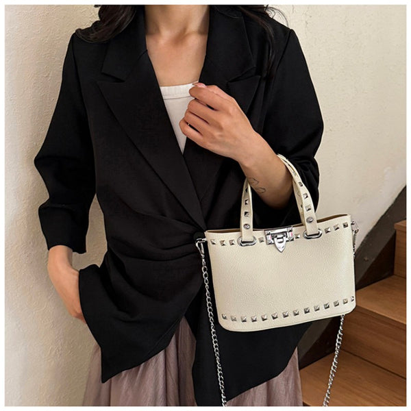rivet-decorated handbag with female lock clasp chain crossbody bag commuting bag tote bag single-shoulder women's bag