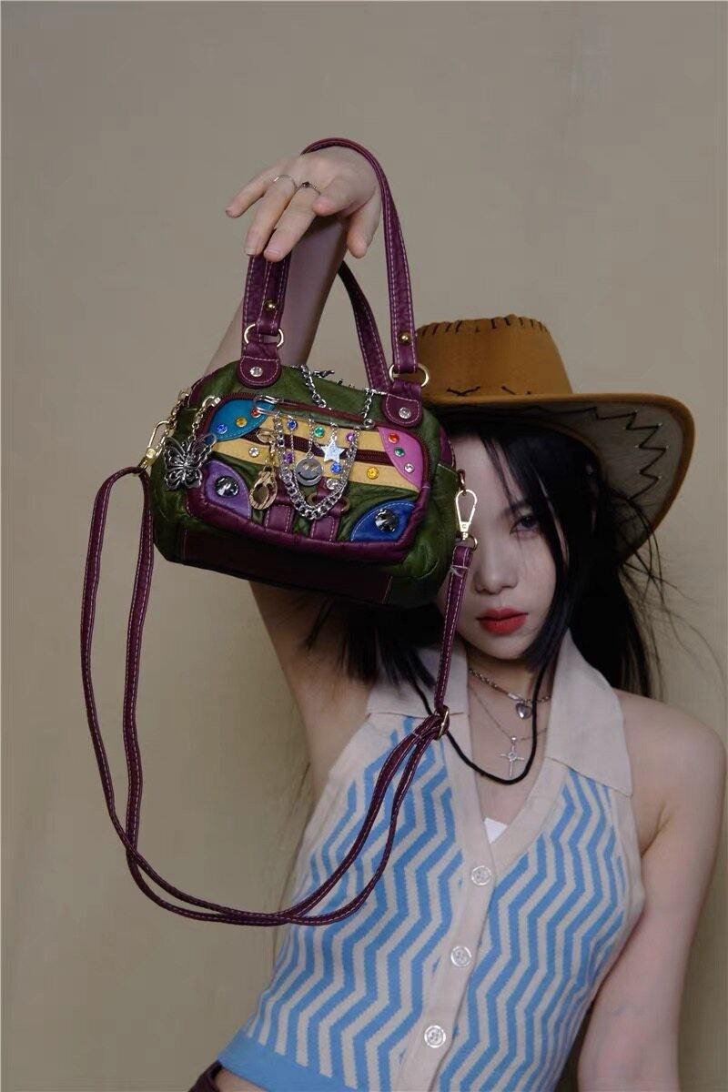 Punk sweet cool girl American retro patchwork clown crossbody handbag