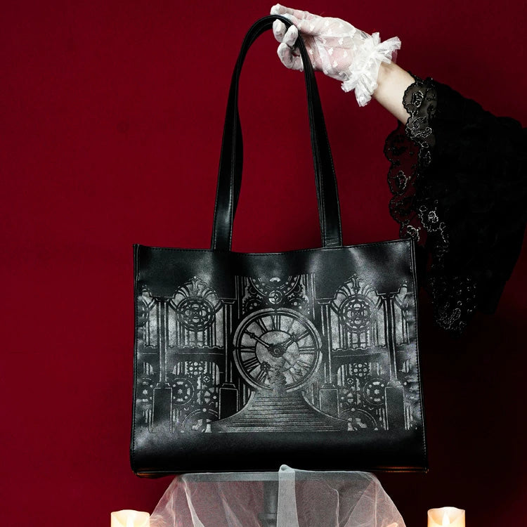 Black Clock Tower Printed Gothic Handbag