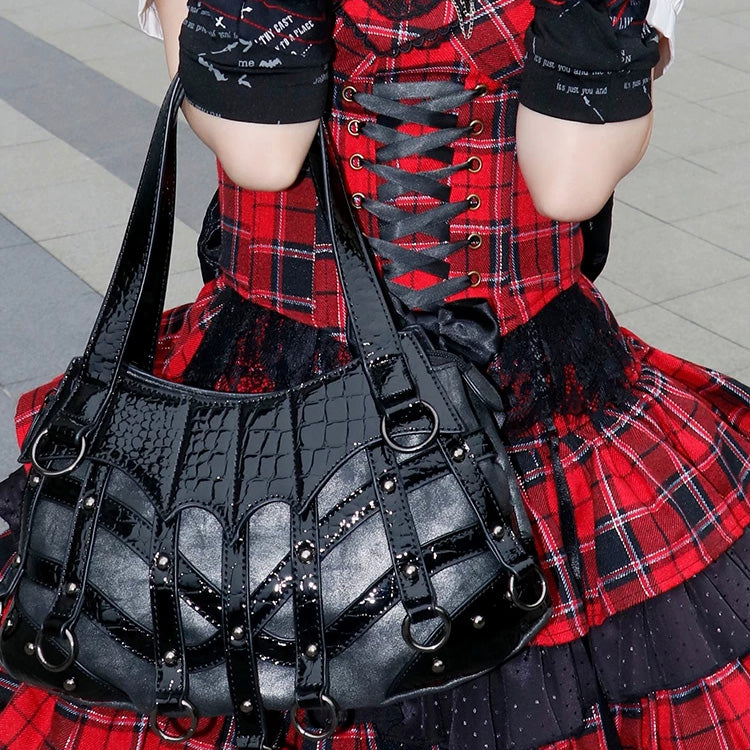 Black Patchwork Studded Punk Crossbody Bag