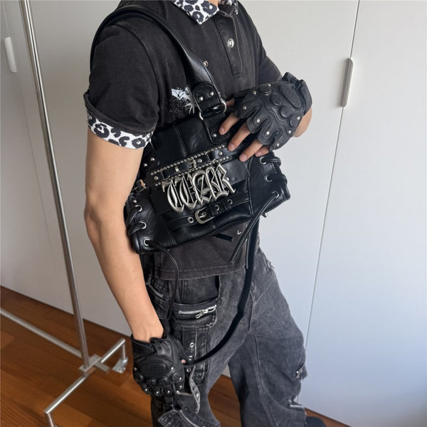 Gothic letter underarm bag for women rivet motorcycle style Y2K niche single shoulder crossbody punk Abby handbag for flirty girls