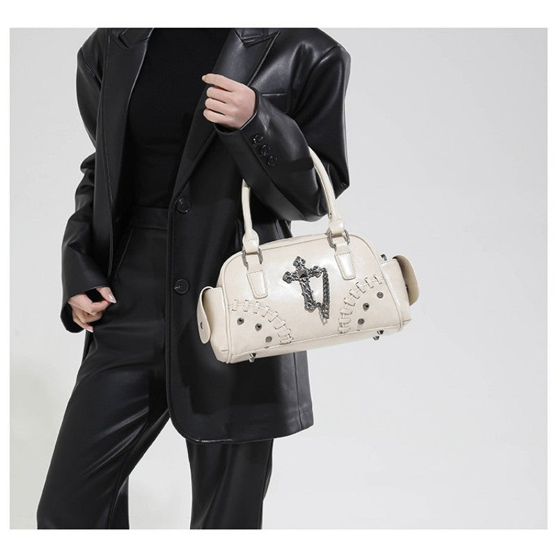 Gothic style cross Boston bag single shoulder斜挎 handbag rivet pillow bag bowling bag