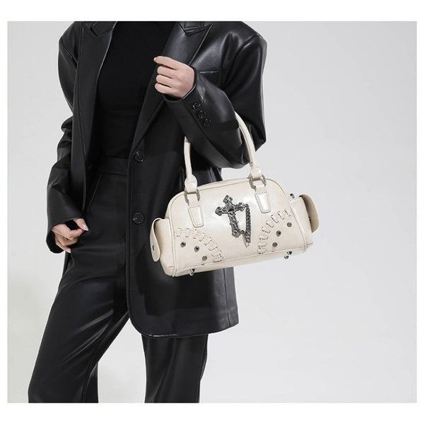 Gothic style cross Boston bag single shoulder斜挎 handbag rivet pillow bag bowling bag