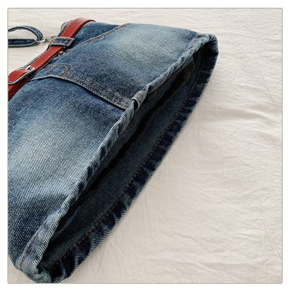 retro denim single-shoulder crossbody bag women's belt decoration creative bag denim skirt bag