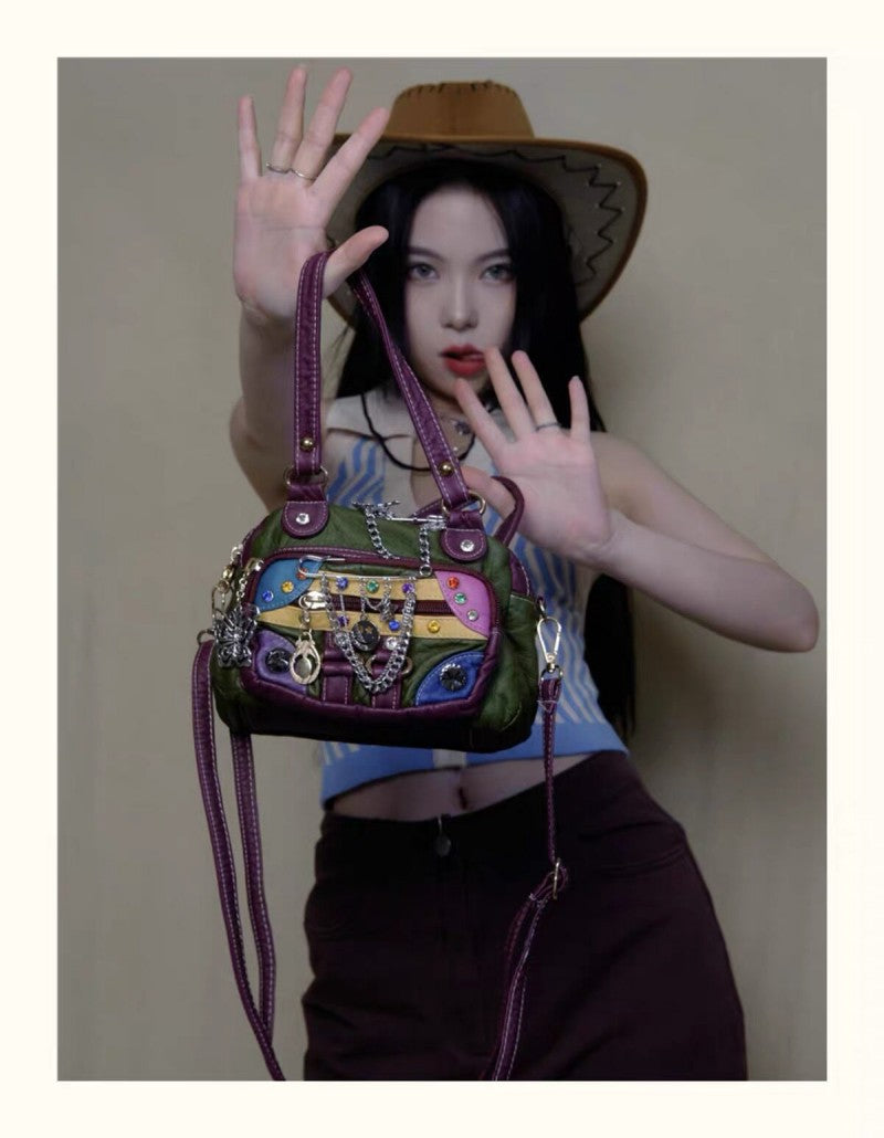 Punk sweet cool girl American retro patchwork clown crossbody handbag