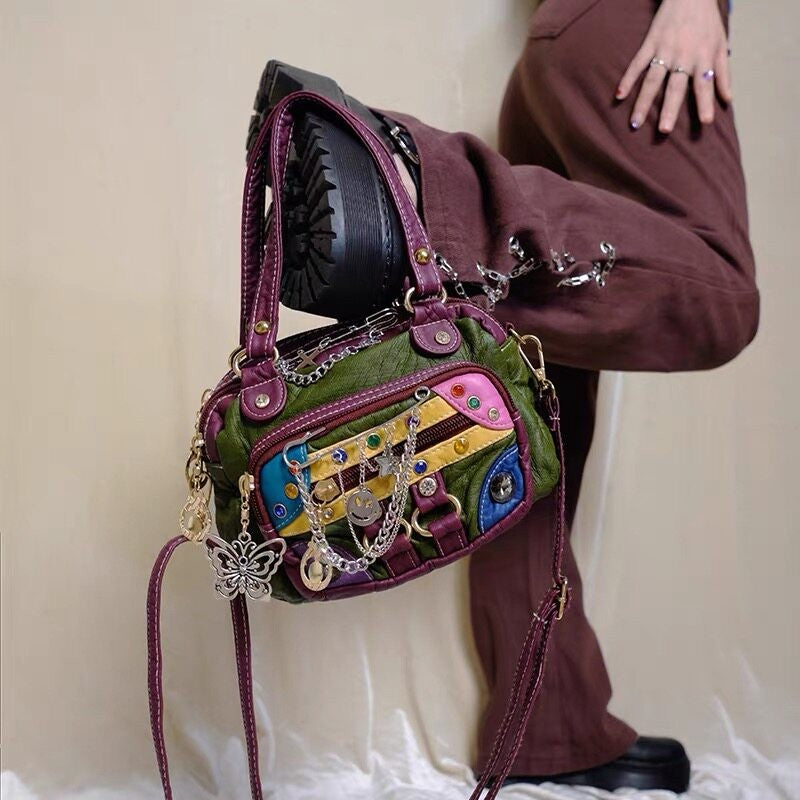 Punk sweet cool girl American retro patchwork clown crossbody handbag Main image