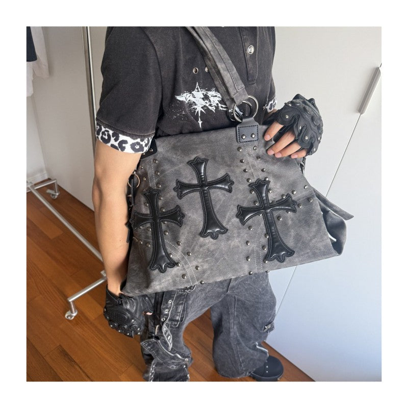 Women's large capacity tote bag with cross studs subculture shoulder bag for school and commuting crossbody bag
