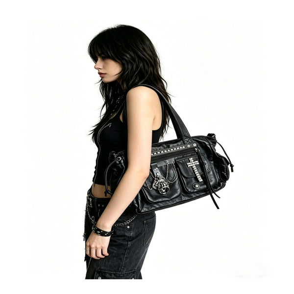 Cross-tote bag with black rivets, motorcycle bag, goth chic street commuter single shoulder double shoulder bag