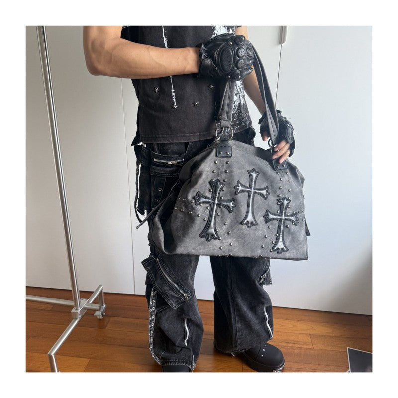 Women's large capacity tote bag with cross studs subculture shoulder bag for school and commuting crossbody bag