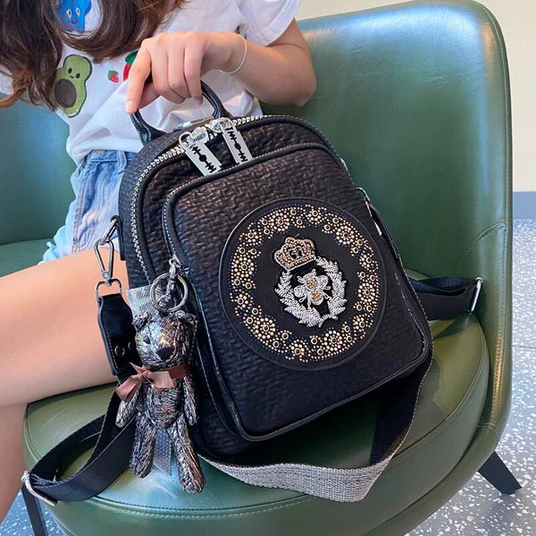 Korean-Style Crystal-Studded Women's Backpack – Premium Cowhide Leather Travel Bag, Large Capacity Versatile Casual Daypack