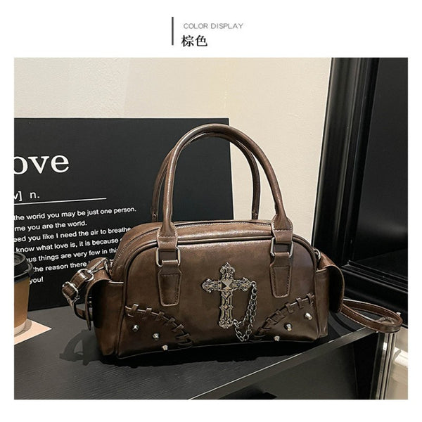 Gothic style cross Boston bag single shoulder斜挎 handbag rivet pillow bag bowling bag