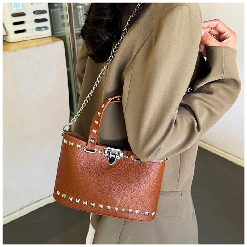 rivet-decorated handbag with female lock clasp chain crossbody bag commuting bag tote bag single-shoulder women's bag