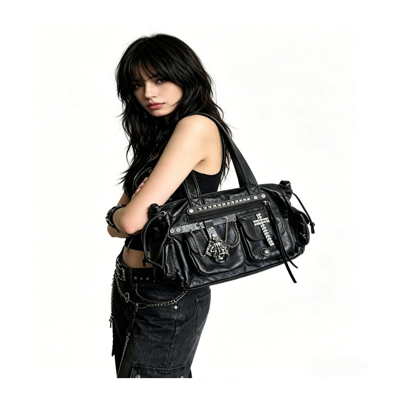 Cross-tote bag with black rivets, motorcycle bag, goth chic street commuter single shoulder double shoulder bag