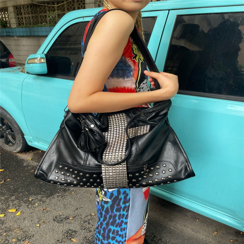 Motorcycle bag, rivet cross tote bag, street punk style Y2K crossbody commuting large capacity shoulder bag Secondary image